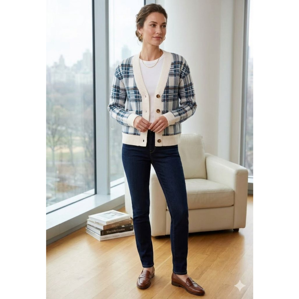 Women's Natural Reflections Plaid Cardigan Sweater M White Blue